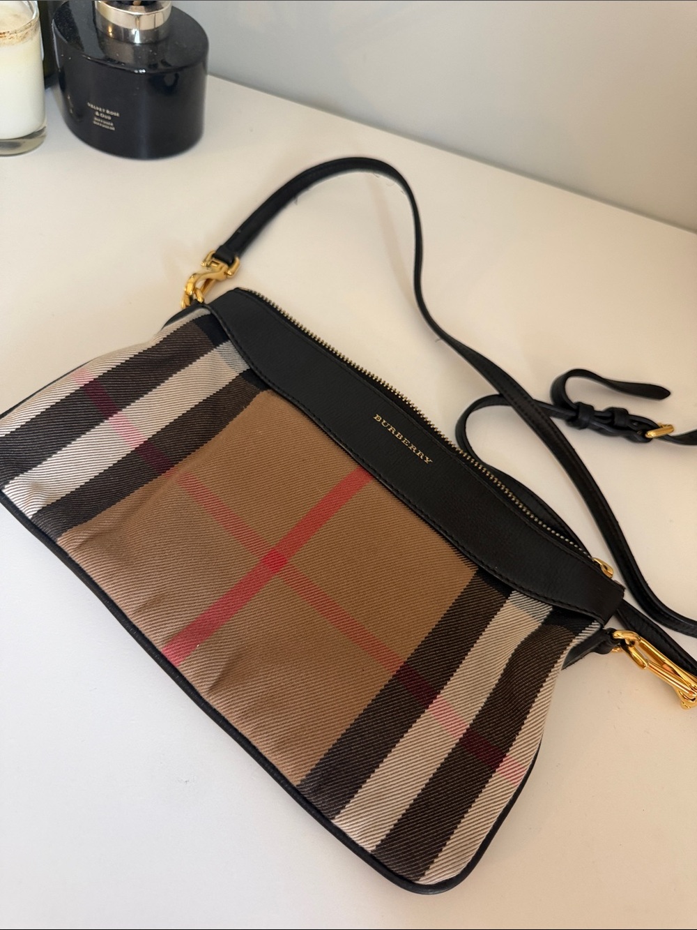 Burberry Check Crossbody Bag in Brown, Black & Red Accent